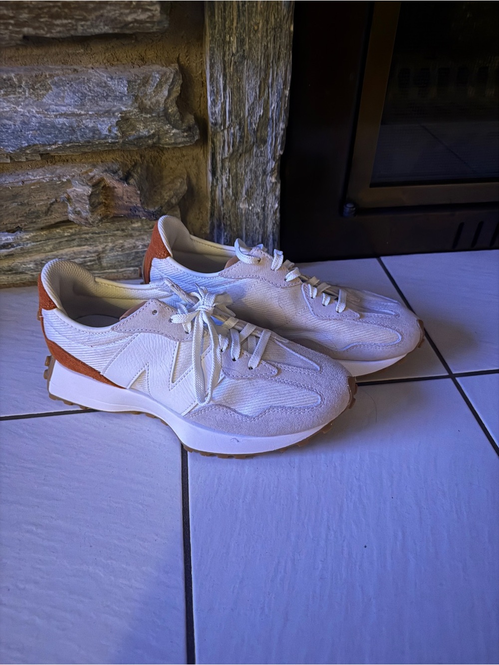 White, cream, and rusty orange New Balamcd Runner Sneakers